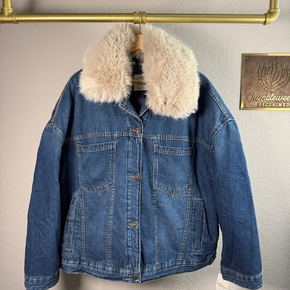 We The Free Free People Blue Denim Jacket Faux Fur Collar Quilted Lining L Large - Picture 2 of 8